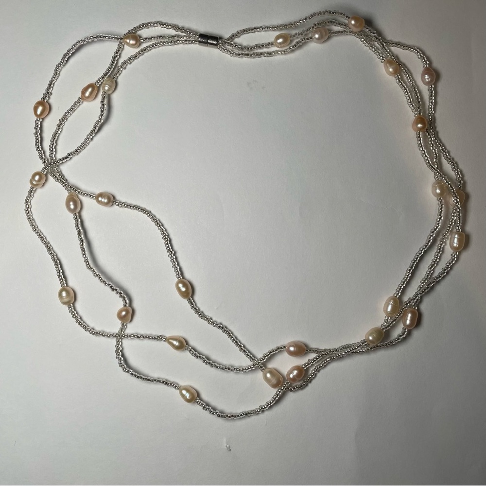 Silver and Cream Long Beaded Necklace with Organic Design